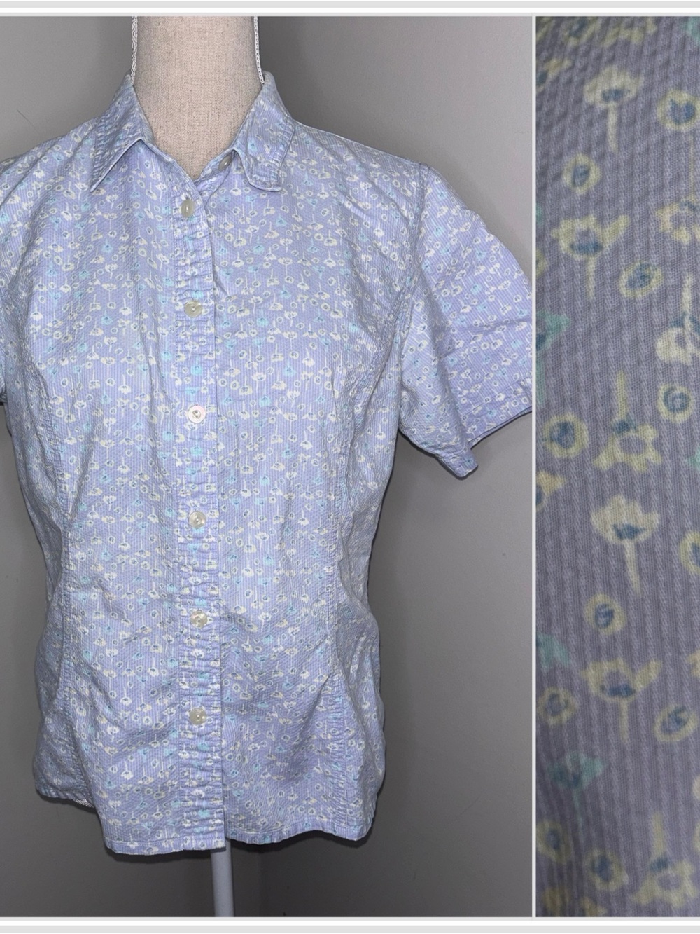 L.L. Bean short sleeve ditsy floral light blue button front shirt size Medium